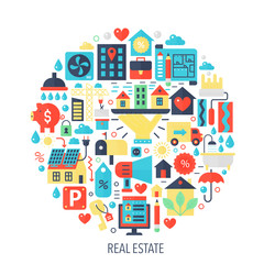 Real estate flat infographics icons in circle - color concept illustration for Real estate cover, emblem, template.
