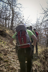 Group of friends walking along hiking trail path. Hikers on their adventure.