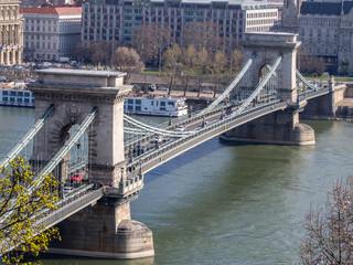 Panoramic view of Szechenyi Chain Bridge over Danube, Budapest, Hungary at daytime