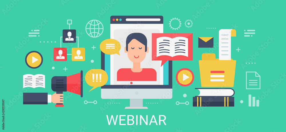 Poster flat modern vector concept webinar banner with icons and text.