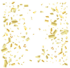Gold, Silver Foil Confetti Falling Down. Elegant Christmas, Birthday Party, New Year Winter Background. Gift Card, Sale Golden Tinsel Texture. Noble Gold, Silver Foil Confetti Border