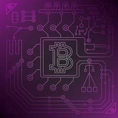 Bitcoin sign with computer chip. Color background. Farm for the production of crypto currency, mining. Virtual money. Flat vector cartoon illustration.