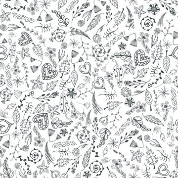 Vector seamless monochrome floral pattern. Hand drawn Doodle and flowers. 