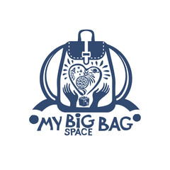 My Big space Bag. Vector backpack with a big heart and planets in space in your hands. Design flat template can be used as a logo, print on a T-shirt, in haberdashery, embroidery and others.