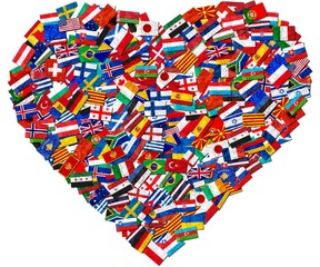 Flags of world countries and in heart love shape on white background: England Russia Italy Spain Scotland Germany US, China Greece France Brazil Japan Canada Russia and europe, Cuba, Finland and UK.