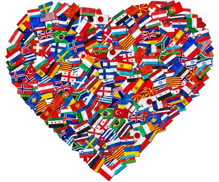 Flags of world countries and in heart love shape on white background: England Russia Italy Spain Scotland Germany US, China Greece France Brazil Japan Canada Russia and europe, Cuba, Finland and UK.
