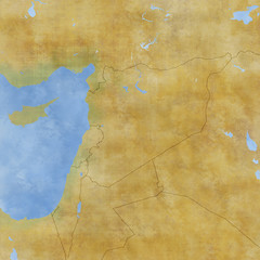 Cartina Siria e confini, cartina fisica Medio Oriente, penisola arabica, cartina con rilievi e montagne e mar Mediterraneo. Cartina su pergamena. Cartina disegnata a mano