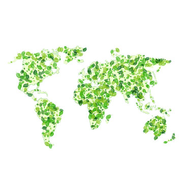 World map from green leaves. Symbol of a clean environment, good ecology. Flat vector cartoon illustration. Objects isolated on white background.