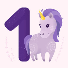 Vector illustrations with violet unicorn and number 1. Learn numbers. Prints, templates, design elements for greeting cards, invitation cards, postcards.