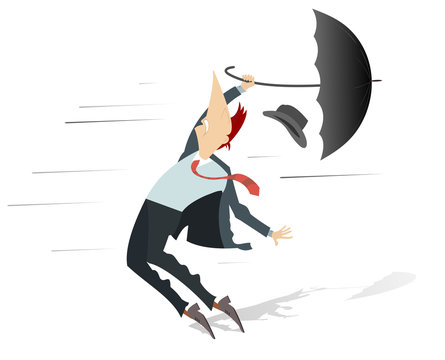 Windy day and man with a hat and umbrella isolated. Strong wind and a man lost his hat and trying to keep an umbrella isolated on white illustration
