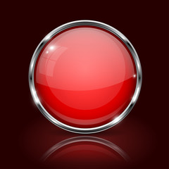 Red round glass button. 3d icon with metal frame on dark red background