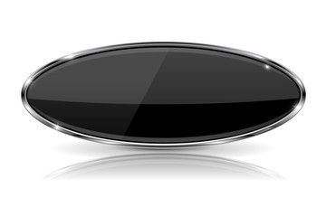 Glass black button. Oval 3d button with metal frame. With reflection on white background