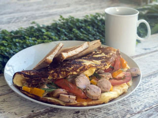 omelet, scrambled eggs, breakfast, coffee toasts