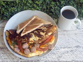 omelet, scrambled eggs, breakfast, coffee toasts