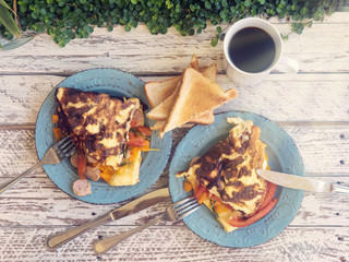 omelet, scrambled eggs, breakfast, coffee toasts