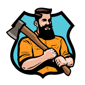 Sawmill, joinery, carpentry logo or label. Lumberjack holding axe his hands. Cartoon vector illustration