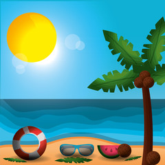 hello summer vacations beach ocean bright sun palm with coconuts watermelon sunglasses vector illustration
