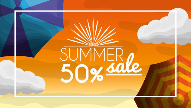 Season Summer Hot Day Clouds Umbrellas Fifty Porcent Offers Nice Day Vector Illustration