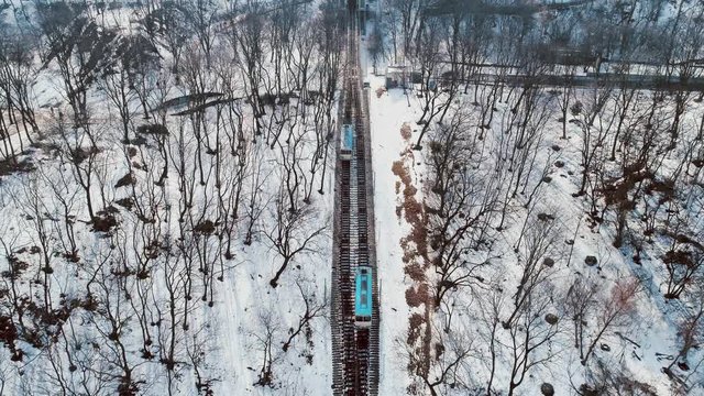 4K Aerial drone footage. Fly over kiyv funicular at winter