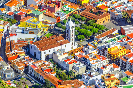 Garachico, Tenerife, Canary islands, Spain: Overview  of the colorful and beautiful town of Garachico and the Church of Santa Ana.