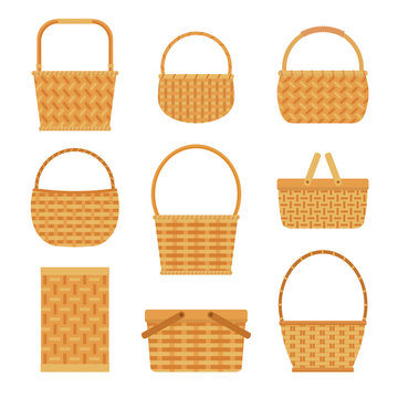 Collection of empty baskets, isolated on white background. Flat style vector illustration. 
