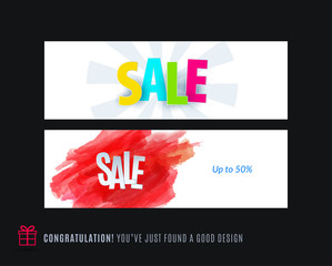 Abstract vector set of modern horizontal website sale banners with colourful words, abstract shapes for promo, shopping, offer, advertisement.