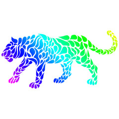 Silhouette of a panther in a tattoo style. Rainbow colors in whi