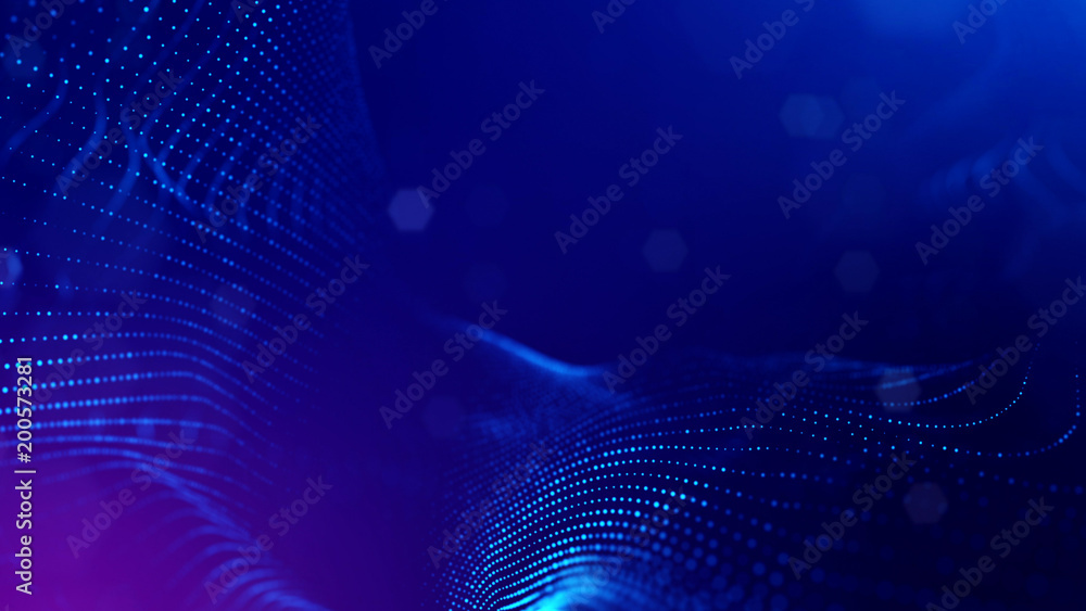 Poster science fiction background of glowing particles with depth of field and bokeh. particles form line a