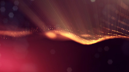 science fiction background of glowing particles with depth of field and bokeh. Particles form line and abstract surface grid. 3d rendering V8 red gold