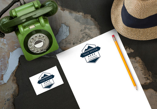 Business Card and Letterhead Mockup with Hat and Vintage Telephone