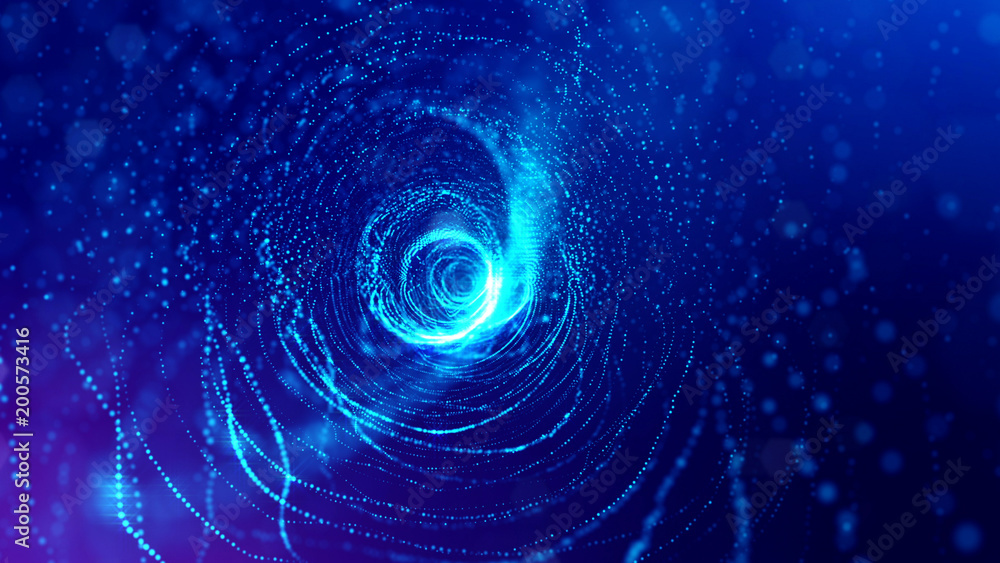 Poster science fiction background of glowing particles with depth of field and bokeh. particles form line a