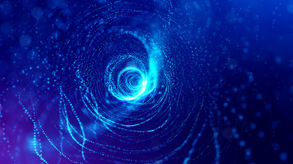 science fiction background of glowing particles with depth of field and bokeh. Particles form line and abstract surface grid. 3d rendering V8 blue spheres
