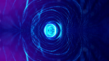 science fiction background of glowing particles with depth of field and bokeh. Particles form line and abstract surface grid. 3d rendering V9 blue spheres