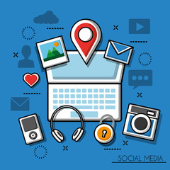 social media networks computer with photos location messages ipad camera headphones vector illustration