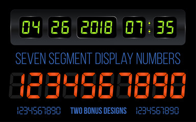 Seven Segment Display Numbers with Clock - obrazy, fototapety, plakaty