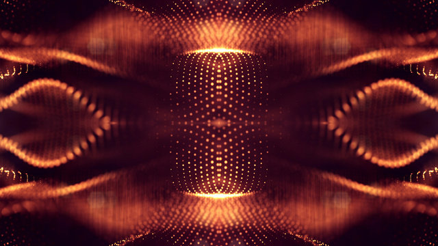 science fiction background of glowing particles with depth of field and bokeh. Particles form line and abstract surface grid. 3d rendering V49 red gold