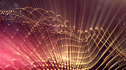 science fiction background of glowing particles with depth of field and bokeh. Particles form line and abstract surface grid. 3d rendering V58 red gold with light rays