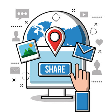 social media networks hand pointing to the screen world photos message vector illustration
