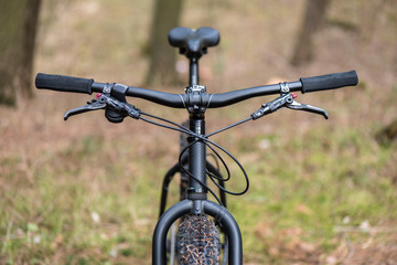 Fototapeta na wymiar Big black bicycle with big wheels in the forest