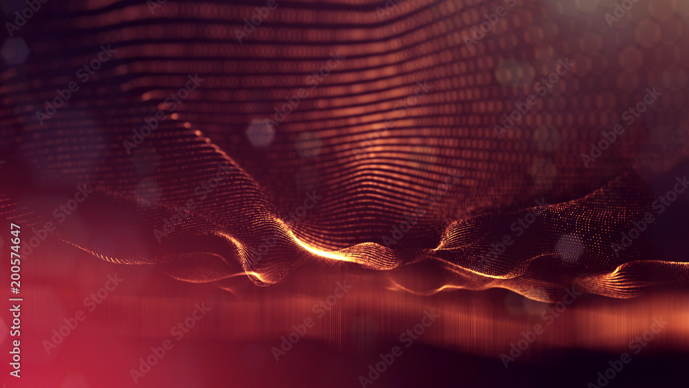 Poster science fiction background of glowing particles with depth of field and bokeh. particles form line a