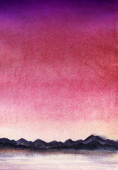 Landscape a dark silhouette of mountain chain on the far side of the lake against the gradient from dark deep violet to bright pink to light sky. Hand drawn watercolor  background