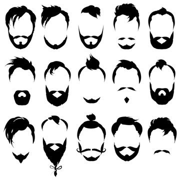 Set of black silhouette men's faces with different hairstyles, beards and mustaches. collection of hipster images. Vector illustration.