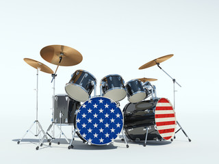Fototapeta na wymiar Drum set painted in an American flag. On a white background. 3D Render