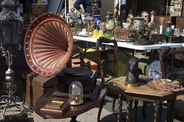 Street flea market of old things and antiques in the old district