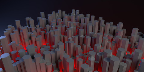 3D abstract wallpaper background. Geometric architectural model with red light. Rendered illustration