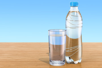 Plastic water bottle with glass of water on the wooden table. 3D rendering