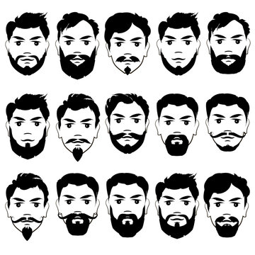 Set of images of men's faces with different hairstyles, beards and mustaches. Black silhouette. Vector illustration.
