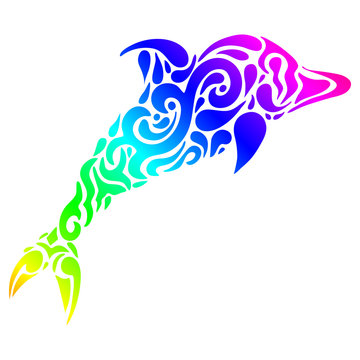Silhouette of a dolphin in a tattoo style. Rainbow colors in whi