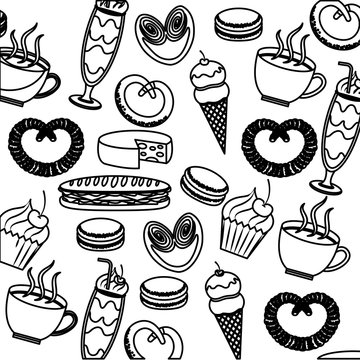 tasty sweet ice cream cake pretzel cheese coffee pattern image vector illustration outline