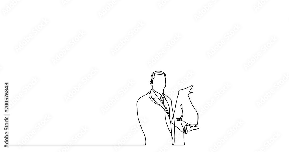 Poster self drawing animation of continuous line drawing of business executives with idea